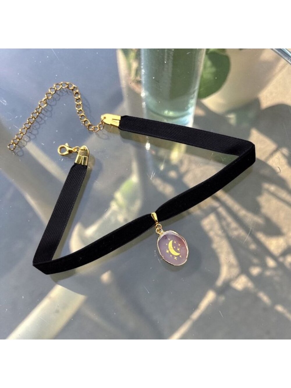 Black Velvet Choker Necklace Gemstone Moon Star Pendant Jewelry Celestial Gothic